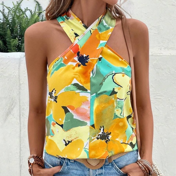 Boho Floral Print Halter Tank Top - Picture 2 of 3